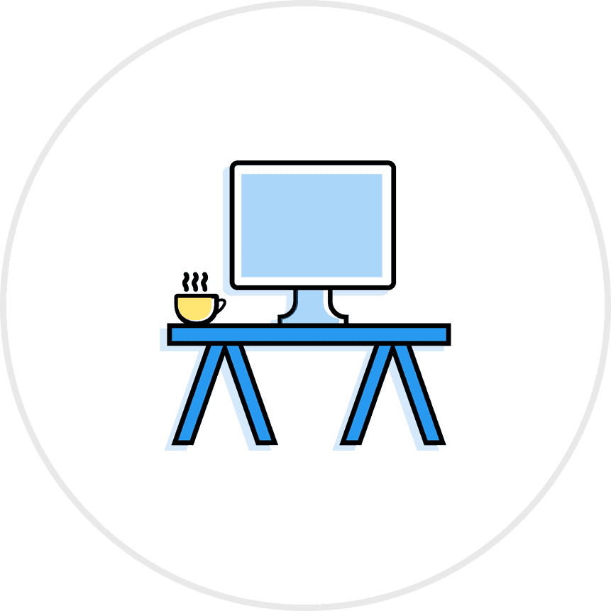 Illustration of a computer on a desk next to a warm cup of coffee
