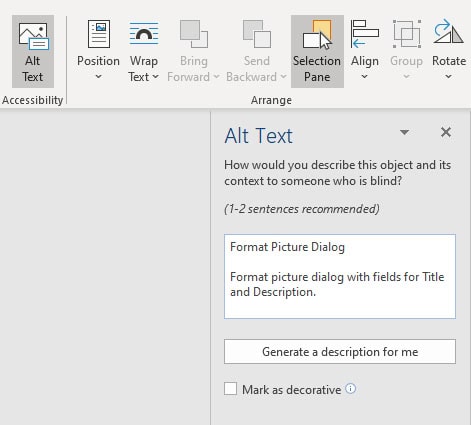 Office 365 version of the Alt Text dialog box