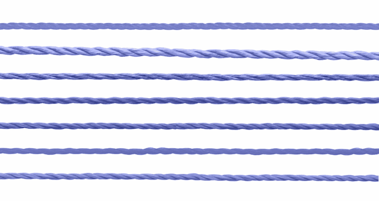 Seven strands of yarn of differing weights creating a 'swim lanes' vertical stacking visual effect