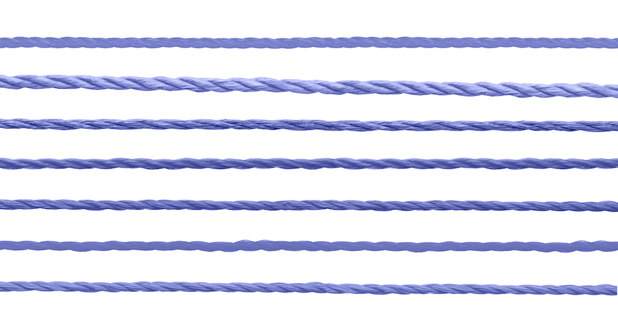 Seven strands of yarn of differing weights creating a 'swim lanes' vertical stacking visual effect