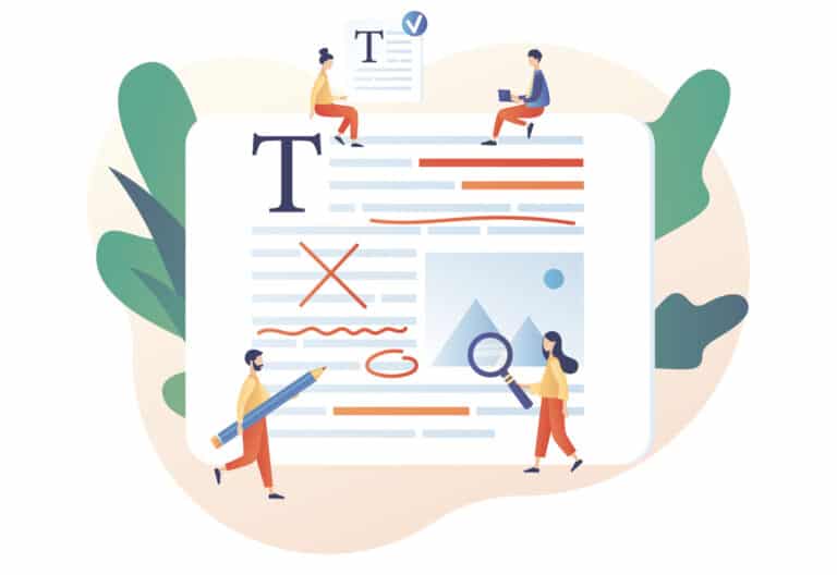 A cartoon style depiction of 4 people working on a billboard-sized text document. They are editing the document with red pencils, crossing text out, circling it, underlining it, and using a magnifying glass to inspect an image.