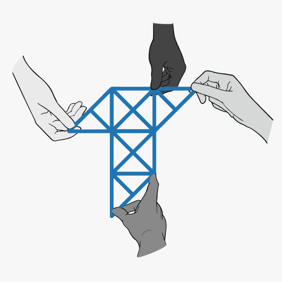 Four hands of different skin tones gently holding separate points on the Tamman 'T' logo