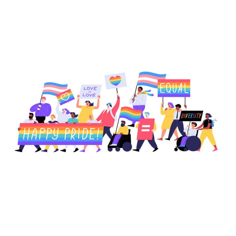 Diverse group of illustrated characters holding banners celebrating Pride month as if in a parade