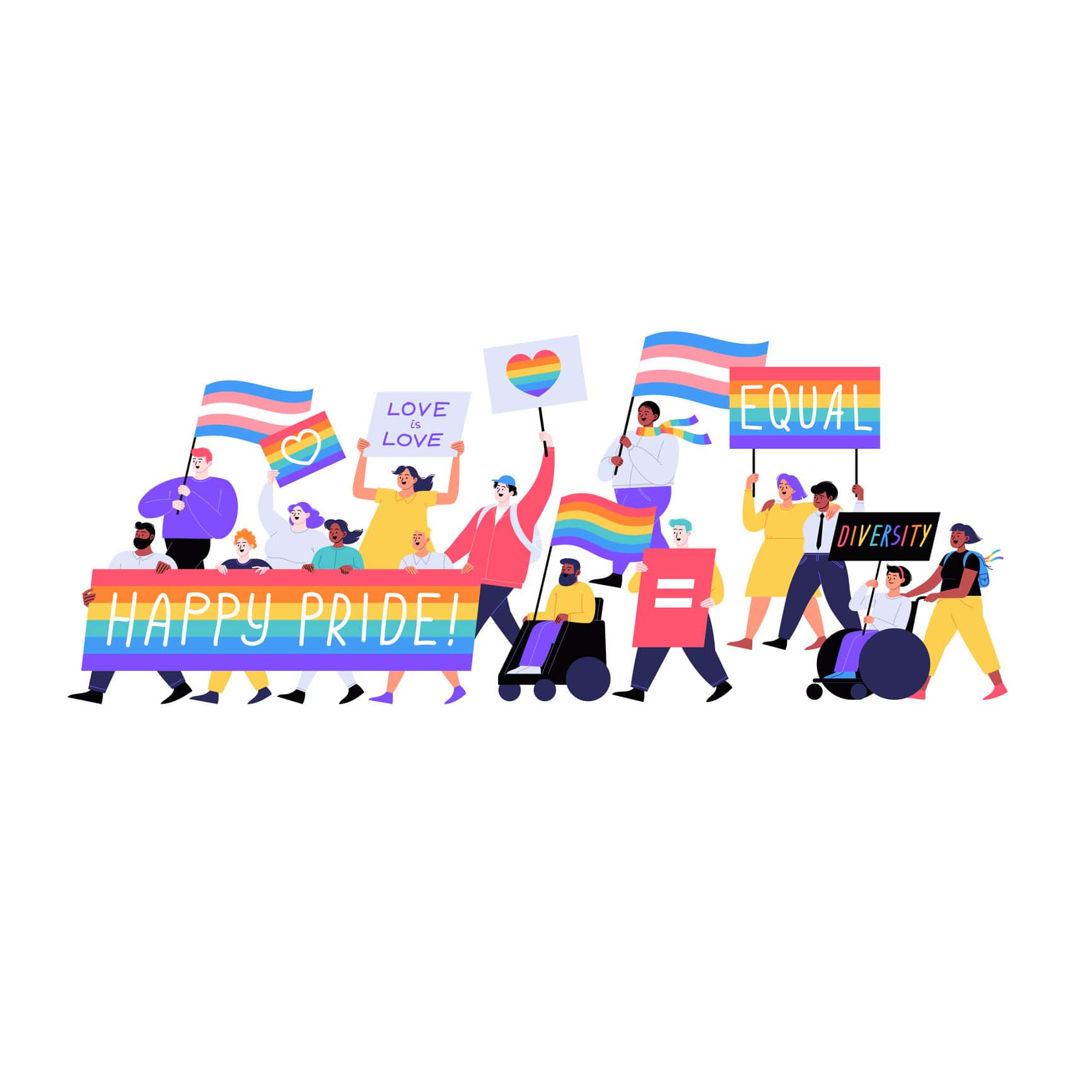 Diverse group of illustrated characters holding banners celebrating Pride month as if in a parade