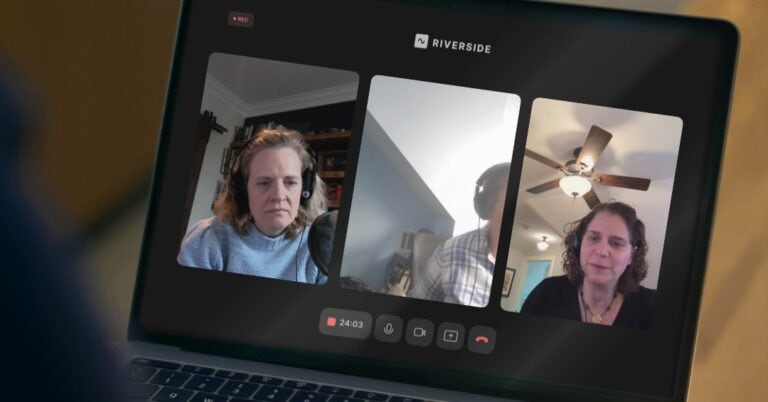 A laptop screen displaying the virtual podcast recording for this episode. Three participants are visible in separate video windows on the laptop.