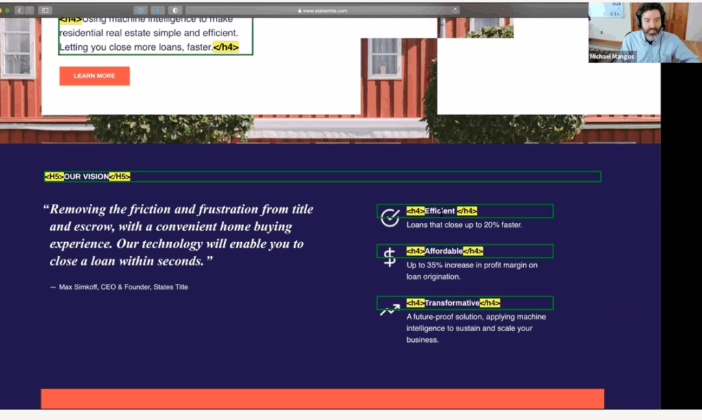 A screenshot from the live presentation showing the presenter in the upper right hand corner and a real time look at the heading used on the client's website.