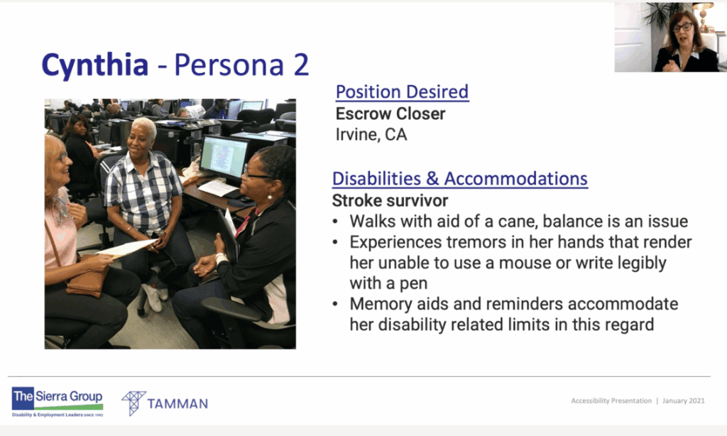A screenshot of a slide showing the presenter in the upper right hand corner of the screen and the persona #2 being described.