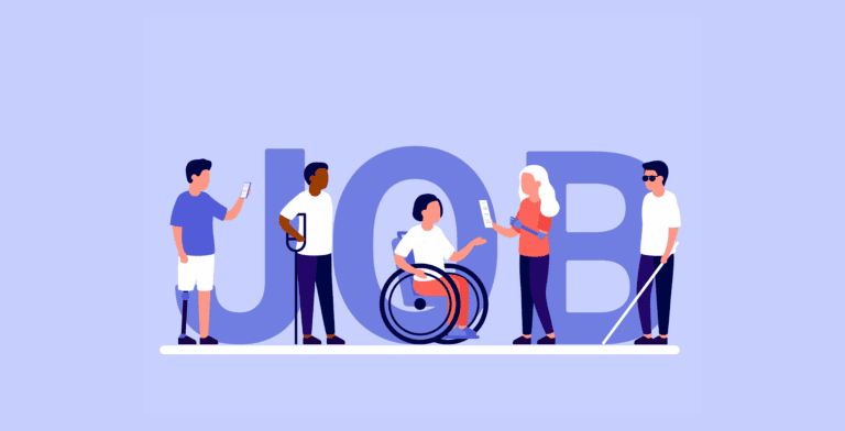 Five people with different physical disabilities get ready for job interviews. Behind them is a lavender background with the word "Job" written in large purple block font.