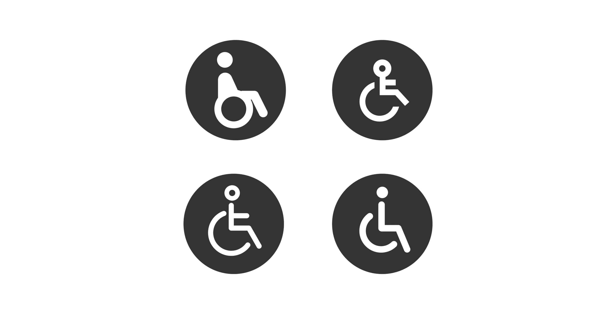 Four separate black and white stylized icons of people in unique wheelchairs.