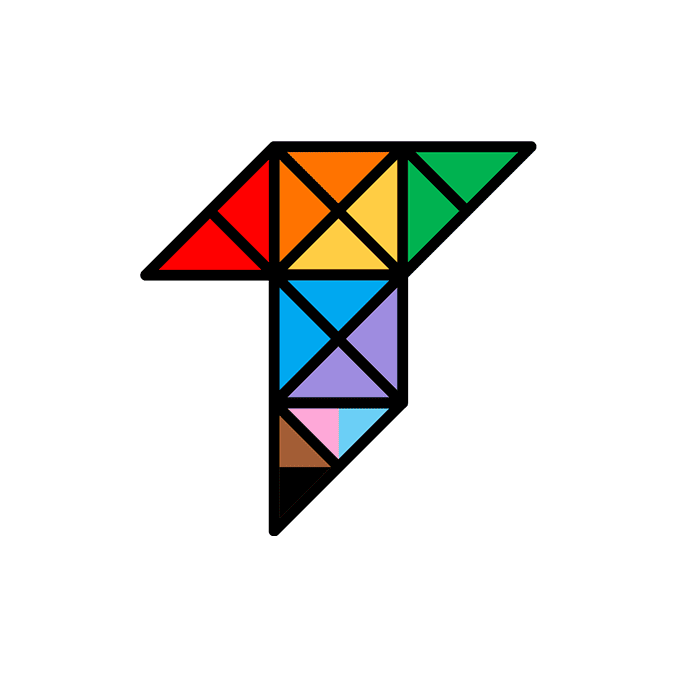 The Tamman "T" logo with the triangles filled accessibly with the Pride Flag rainbow colors. The triangles are all outlined in black piping.
