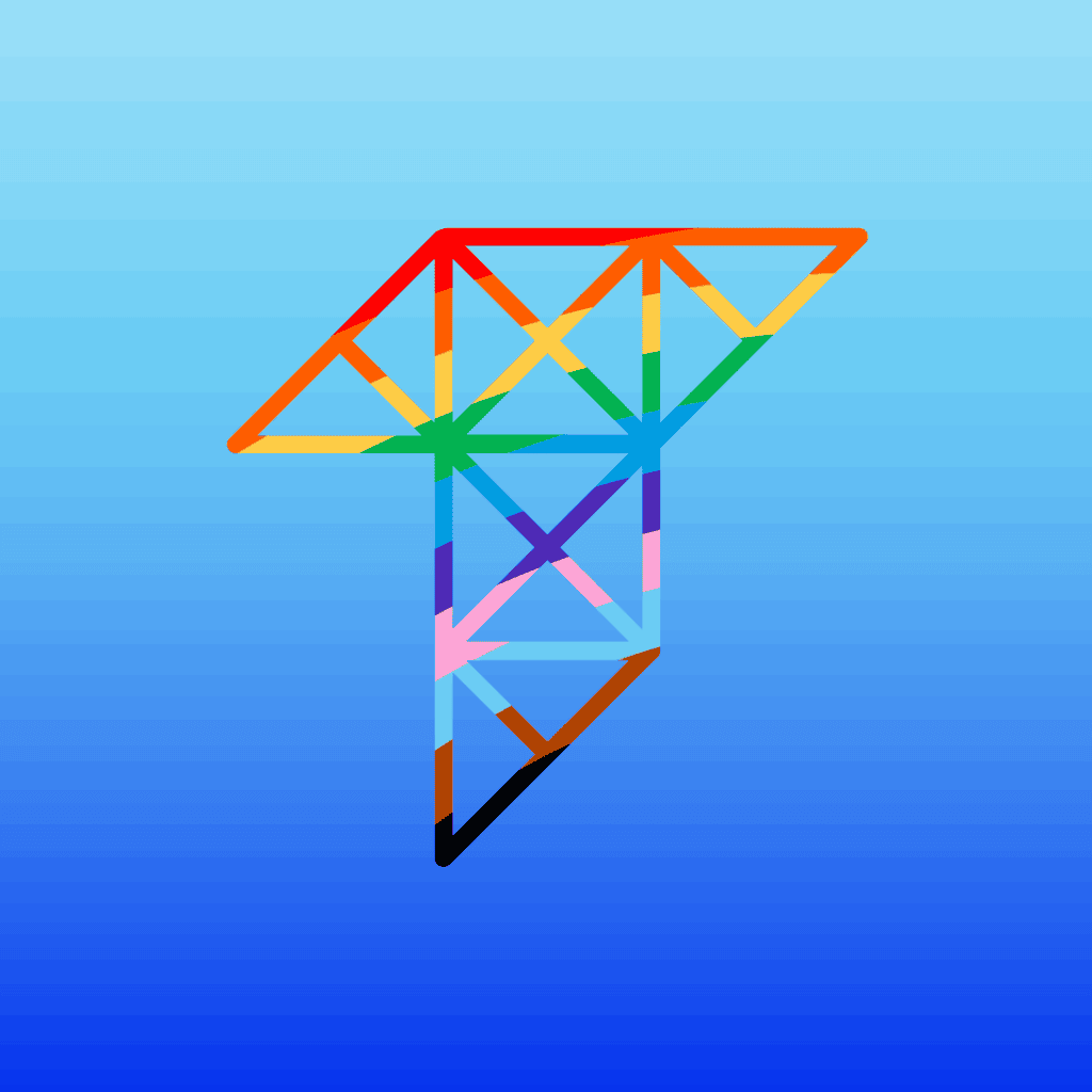 The Tamman "T" logo with the piping outline of the logo is colored in a stripe pattern of the Pride Flag rainbow colors. The background is a light to dark blue gradient, which are the usual Tamman logo colors. This iteration is inaccessible.