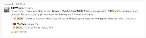 Jeff Wiesner from Tamman posts in the Tamman Slack about "El Deafo".

