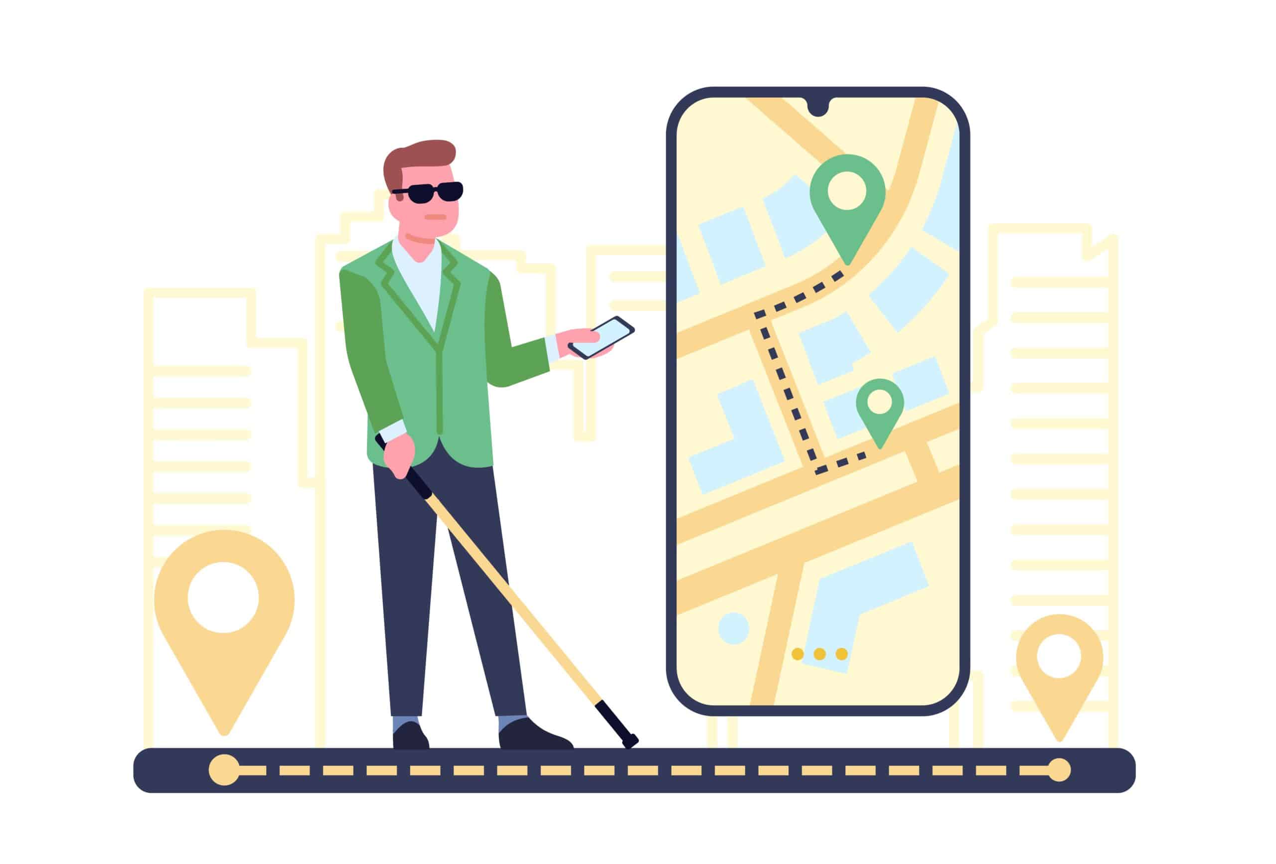 A cartoon depiction of a blind person using orientation and mobility training and GPS app to navigate to a specific location new neighborhood.