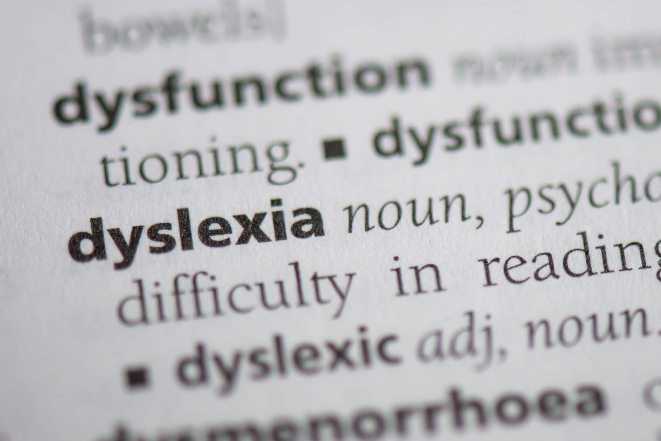 Close up of the word dyslexia in a dictionary.