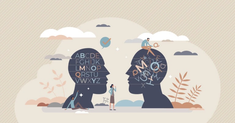 A cartoon silhouette of two heads. Each of them has the alphabet in them. On the left head, the alphabet is organized and neatly structured. On the right head, the alphabet is jumbled and overlapping.
