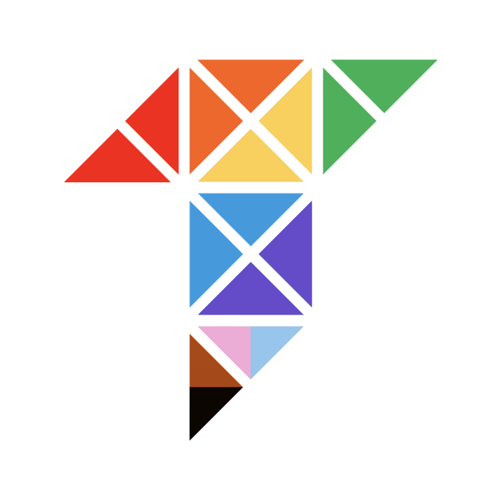 The Tamman "T" logo with different sections of triangles, each representing a single section of the Pride Flag colors. The piping and background are white. This iteration is inaccessible.
