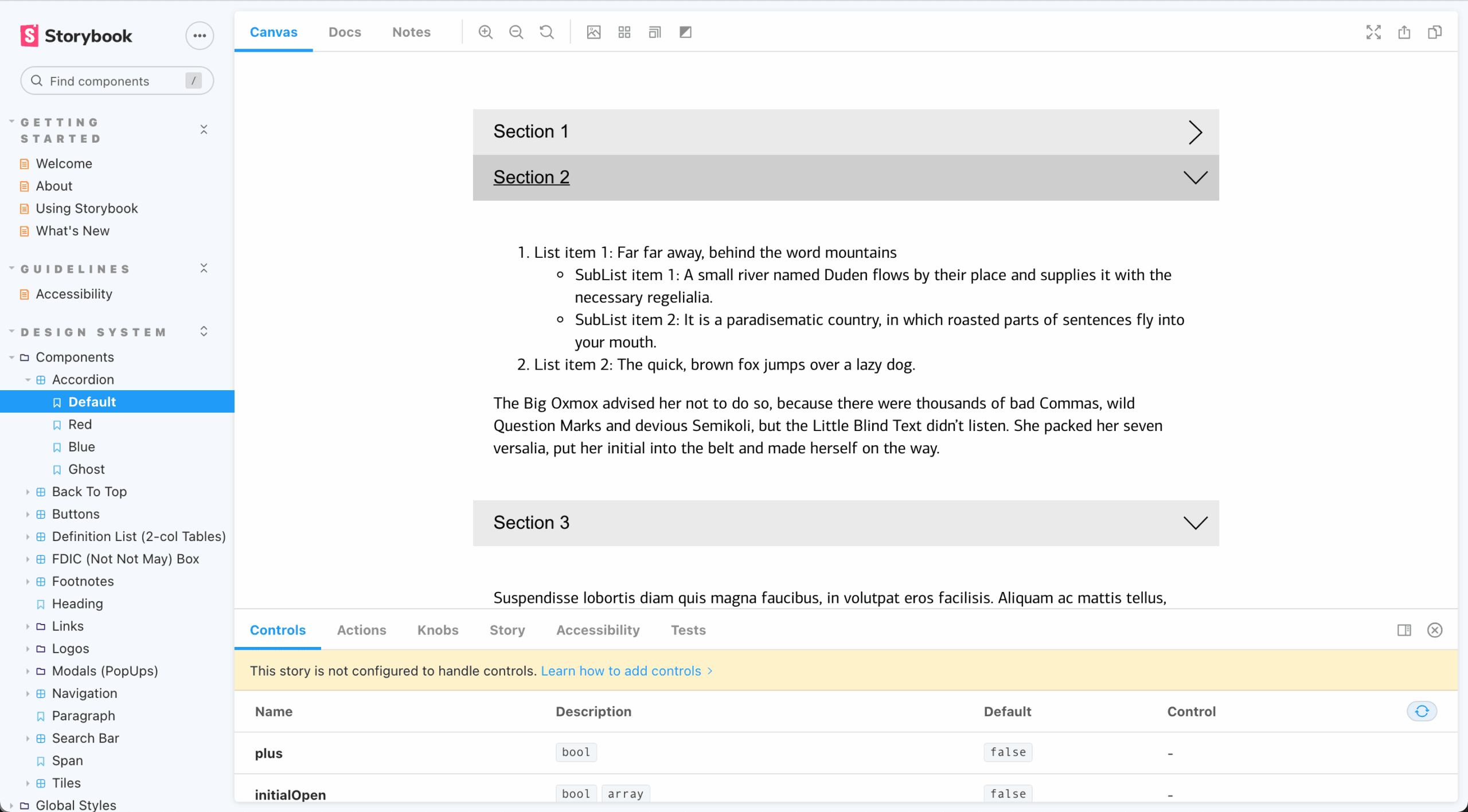 Webpage screenshot showing Storybook, a platform for publishing a design system. A list of components on the left side includes accordions, back to top, footnotes, links and logos. The main content section displays a representation of the accordion component. Below that are controls to affect how the accordion displays including changing the label and the content for each accordion.