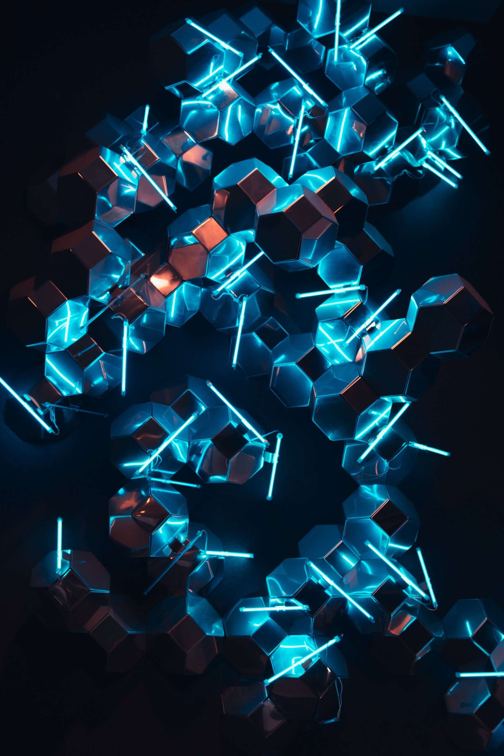 Abstract blue neon light with mirrors and cubical spheres