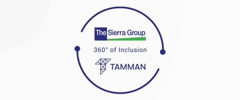 Lock-up of The Sierra Group and Tamman, Inc. logos stacked vertically with '360-degrees of Inclusion in the middle and two arcs ending in points but not connected surrounding the logos.