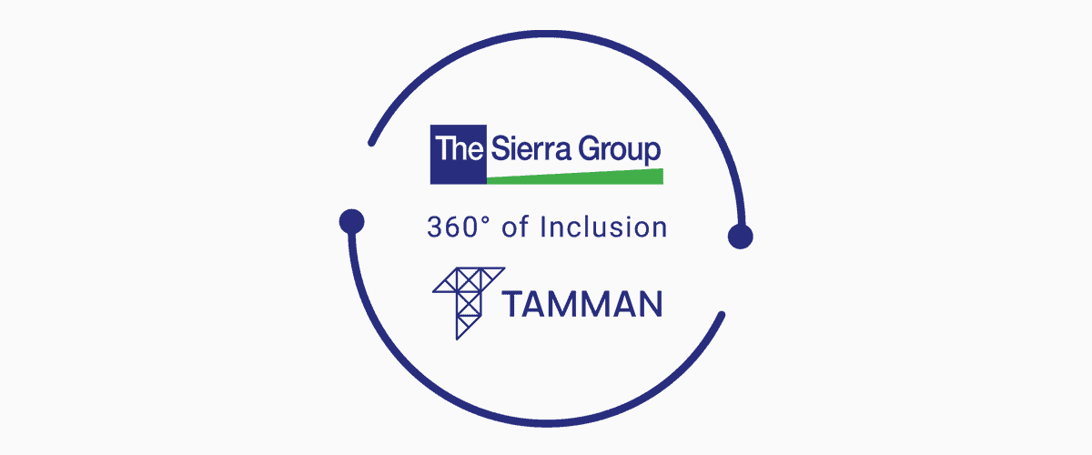 Lock-up of The Sierra Group and Tamman, Inc. logos stacked vertically with '360-degrees of Inclusion in the middle and two arcs ending in points but not connected surrounding the logos.