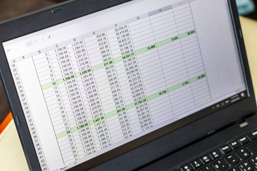 A spreadsheet of numbers on a laptop screen