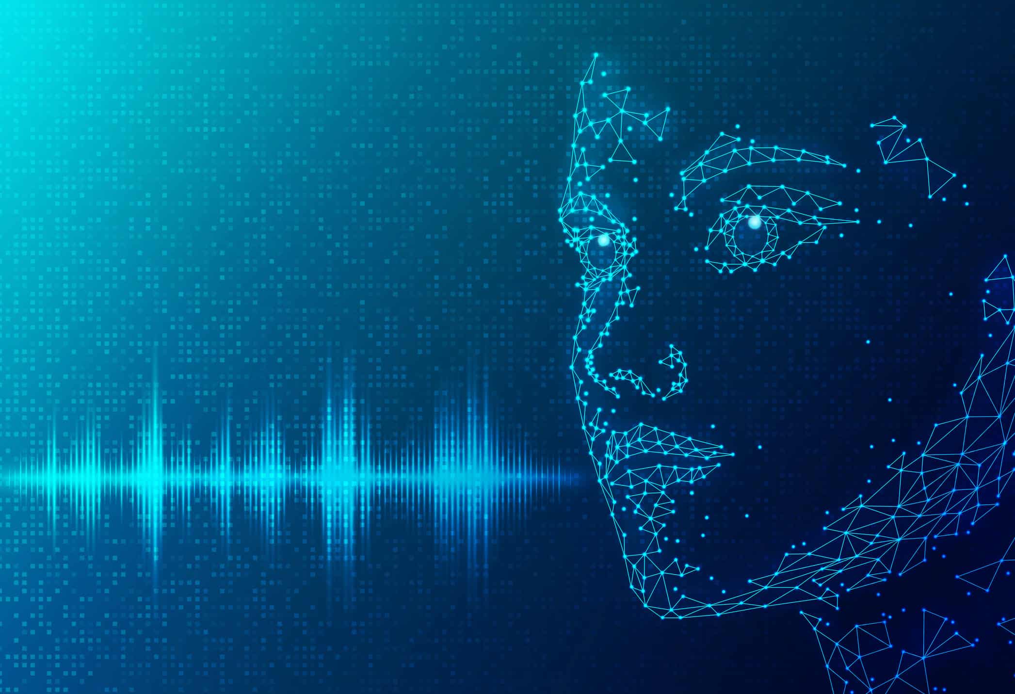 Abstract digital illustration of a human face formed by glowing blue lines and geometric points, paired with a soundwave coming from its mouth.