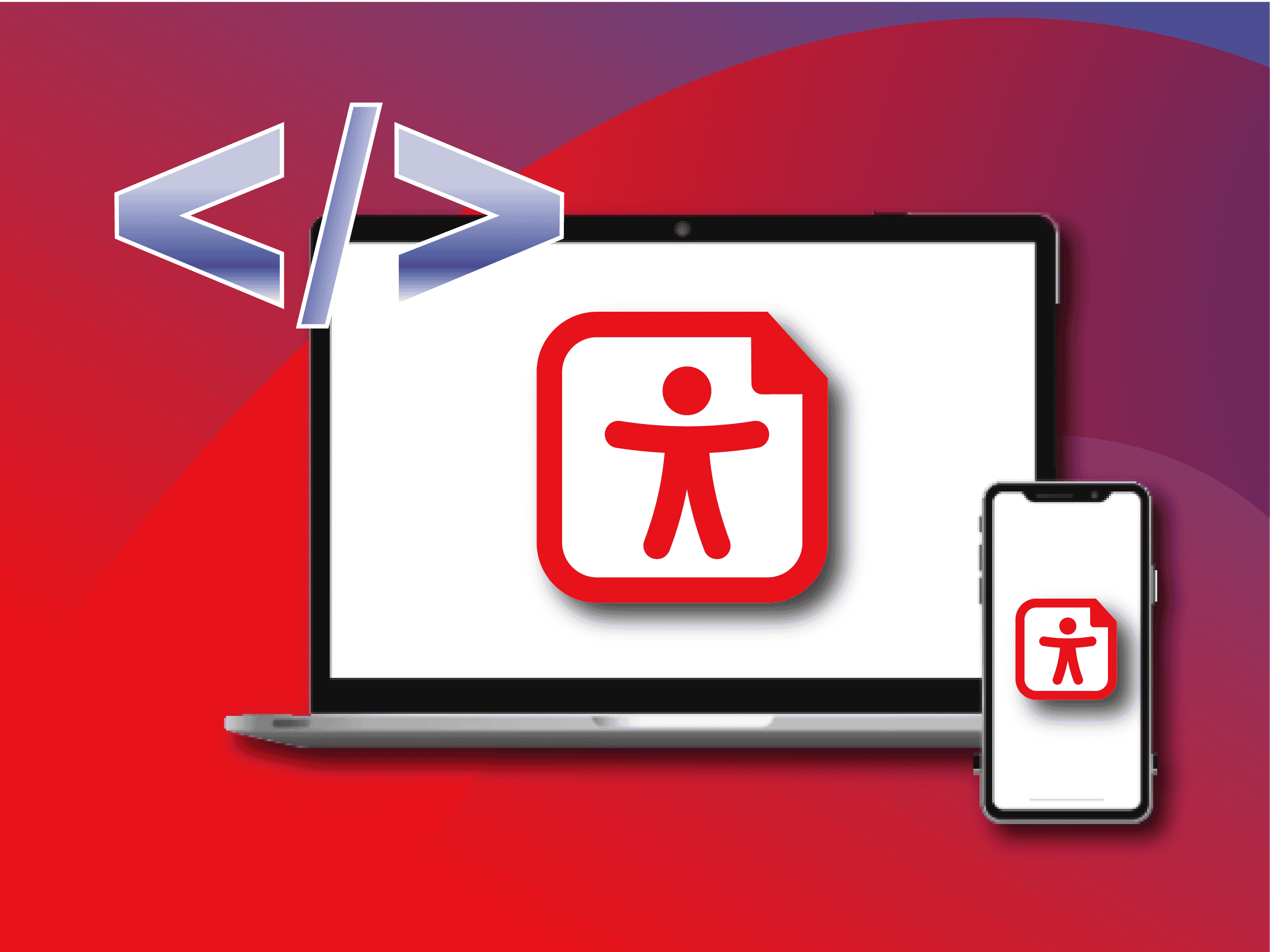 Laptop and smartphone displaying the Adobe Acrobat accessibility icon, with decorative code brackets in the background on a red gradient background.